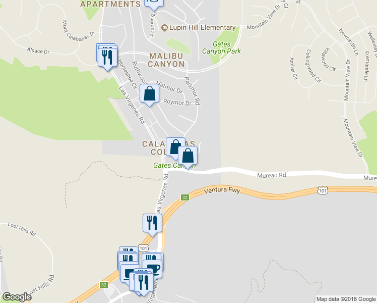 map of restaurants, bars, coffee shops, grocery stores, and more near 26065 Redbluff Drive in Calabasas