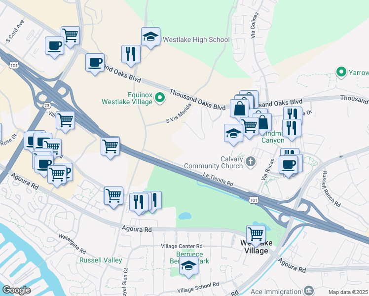 map of restaurants, bars, coffee shops, grocery stores, and more near 4553 La Tienda Road in Thousand Oaks