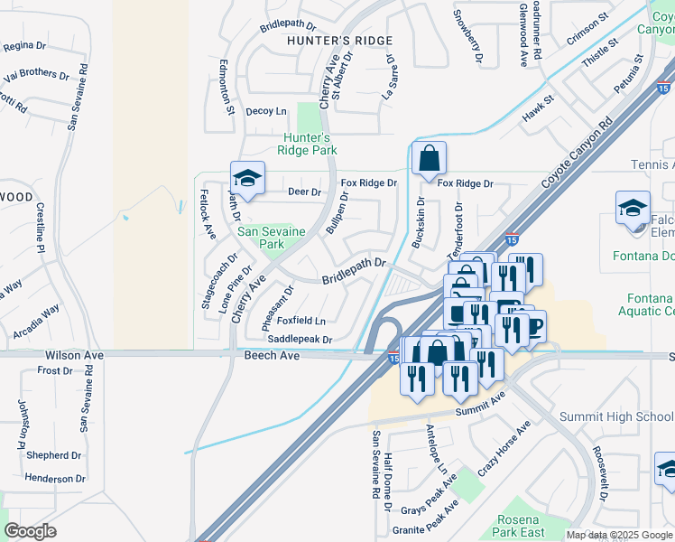 map of restaurants, bars, coffee shops, grocery stores, and more near 14821 New Foal Trail in Fontana