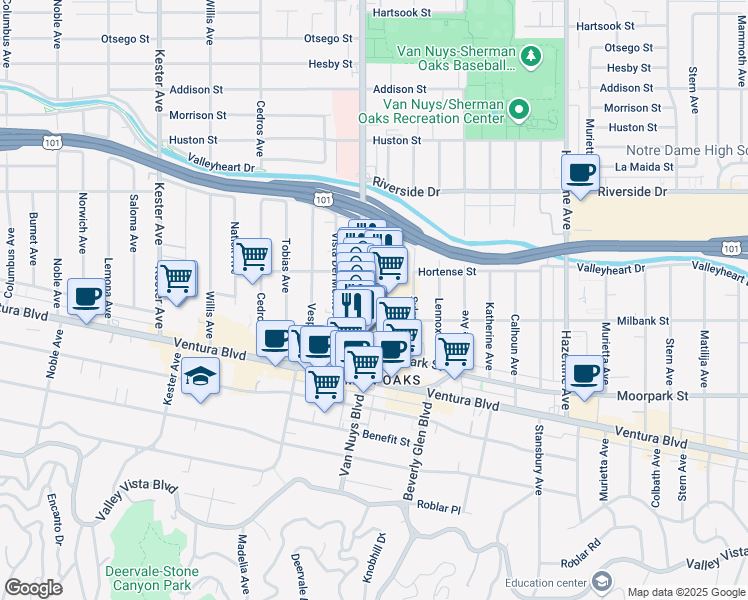 map of restaurants, bars, coffee shops, grocery stores, and more near 4500 Van Nuys Boulevard in Los Angeles