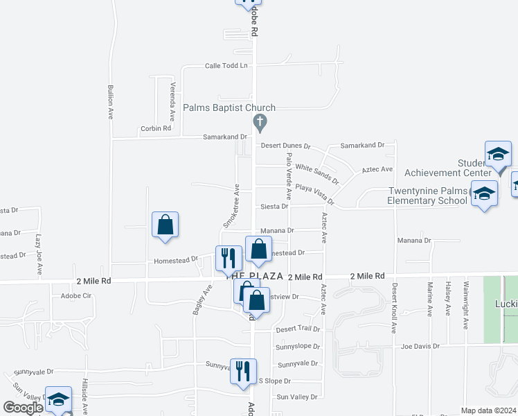 map of restaurants, bars, coffee shops, grocery stores, and more near 5515 Adobe Road in Twentynine Palms