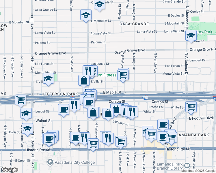 map of restaurants, bars, coffee shops, grocery stores, and more near 1951 Wagner Street in Pasadena