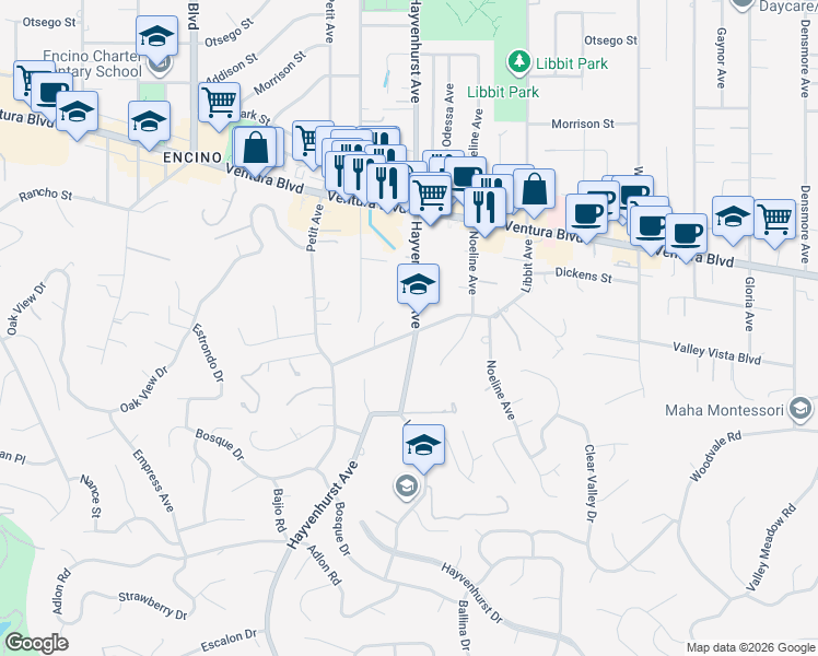 map of restaurants, bars, coffee shops, grocery stores, and more near 4495 Libbit Avenue in Los Angeles