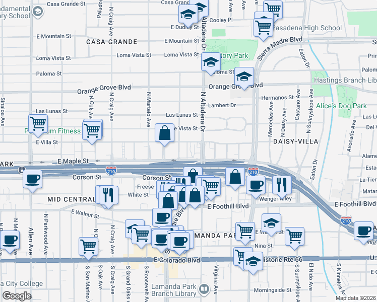 map of restaurants, bars, coffee shops, grocery stores, and more near 2460 East Villa Street in Pasadena
