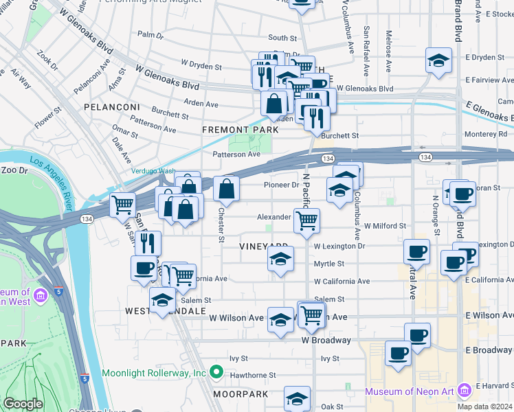 map of restaurants, bars, coffee shops, grocery stores, and more near 620 West Doran Street in Glendale