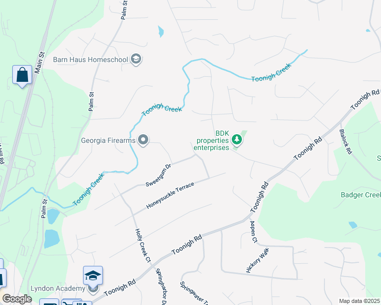 map of restaurants, bars, coffee shops, grocery stores, and more near 507 Honeysuckle Lane in Woodstock