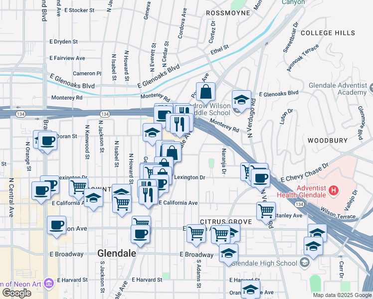 map of restaurants, bars, coffee shops, grocery stores, and more near 531 North Glendale Avenue in Glendale