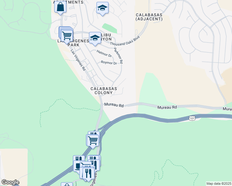 map of restaurants, bars, coffee shops, grocery stores, and more near 26065 Redbluff Drive in Calabasas