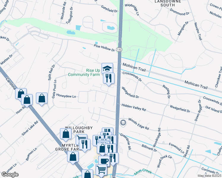 map of restaurants, bars, coffee shops, grocery stores, and more near 4564 Exuma Lane in Wilmington