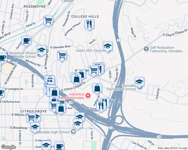 map of restaurants, bars, coffee shops, grocery stores, and more near 1595 East Chevy Chase Drive in Glendale