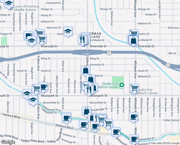 map of restaurants, bars, coffee shops, grocery stores, and more near 4554 Coldwater Canyon Avenue in Los Angeles