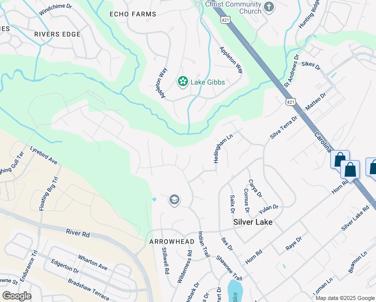 map of restaurants, bars, coffee shops, grocery stores, and more near 1013 Shadow Moss Court in Wilmington