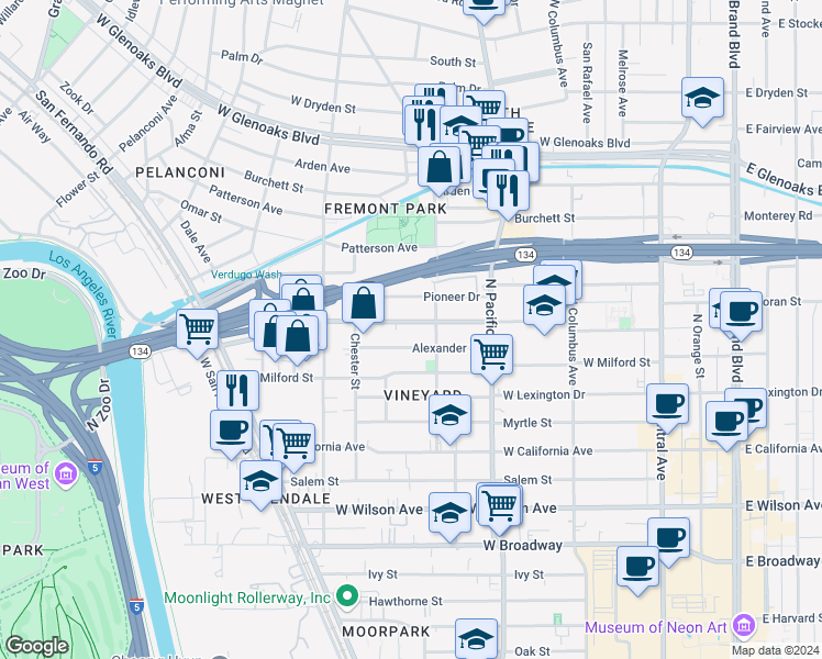 map of restaurants, bars, coffee shops, grocery stores, and more near 620 West Doran Street in Glendale