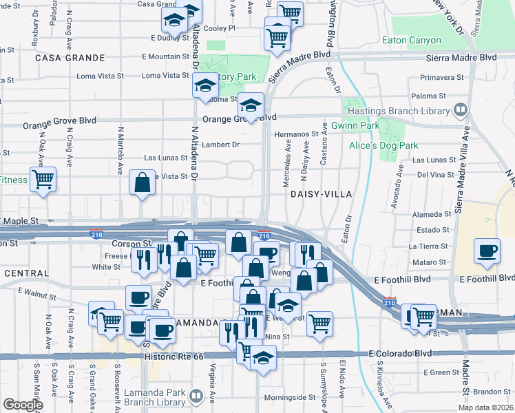 map of restaurants, bars, coffee shops, grocery stores, and more near 425 North Sierra Madre Boulevard in Pasadena