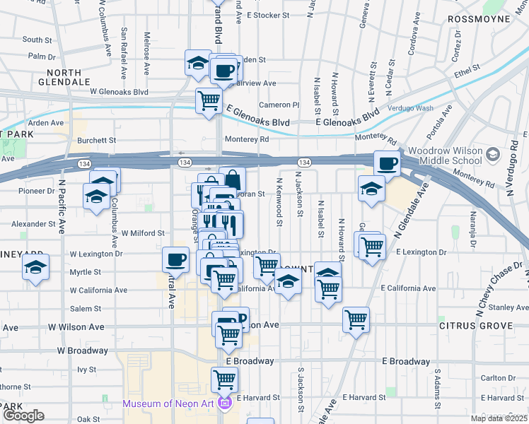 map of restaurants, bars, coffee shops, grocery stores, and more near 520 North Louise Street in Glendale