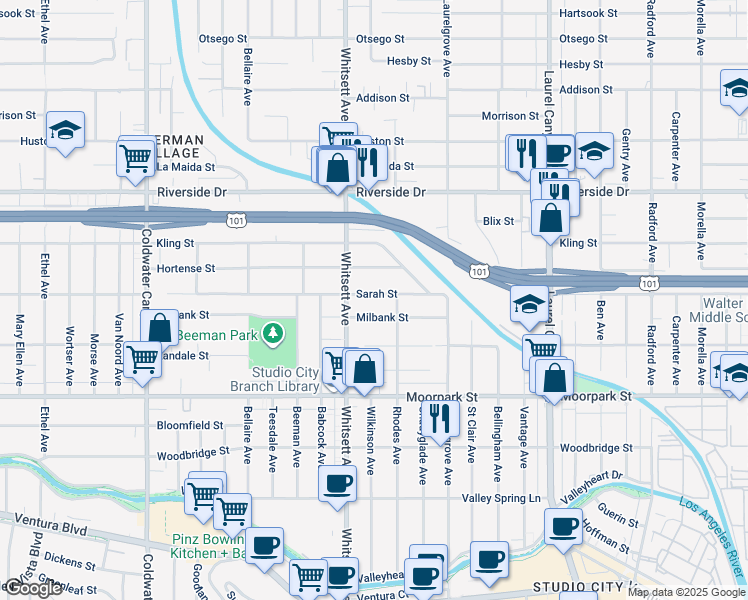map of restaurants, bars, coffee shops, grocery stores, and more near 12424 Sarah Street in Los Angeles