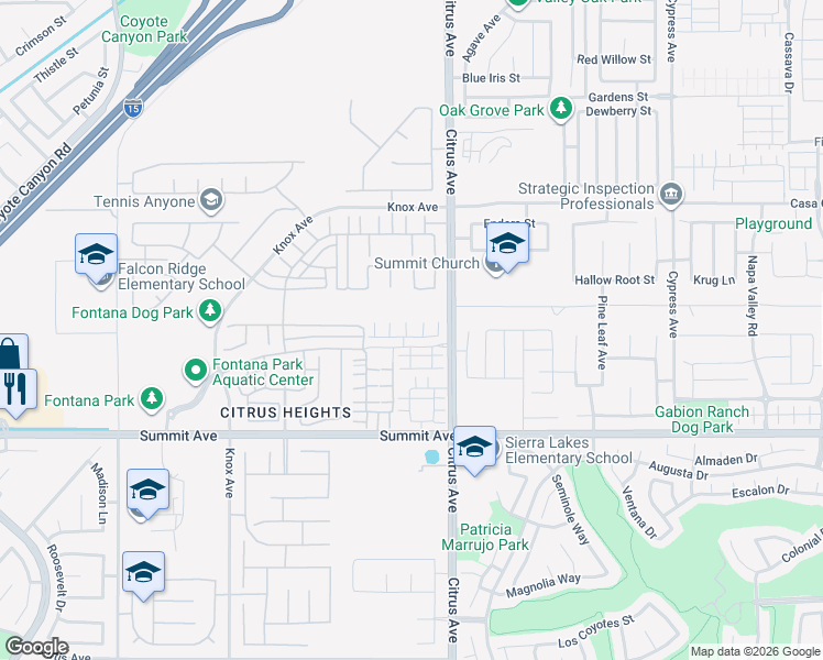 map of restaurants, bars, coffee shops, grocery stores, and more near 16040 Jamie Lane in Fontana
