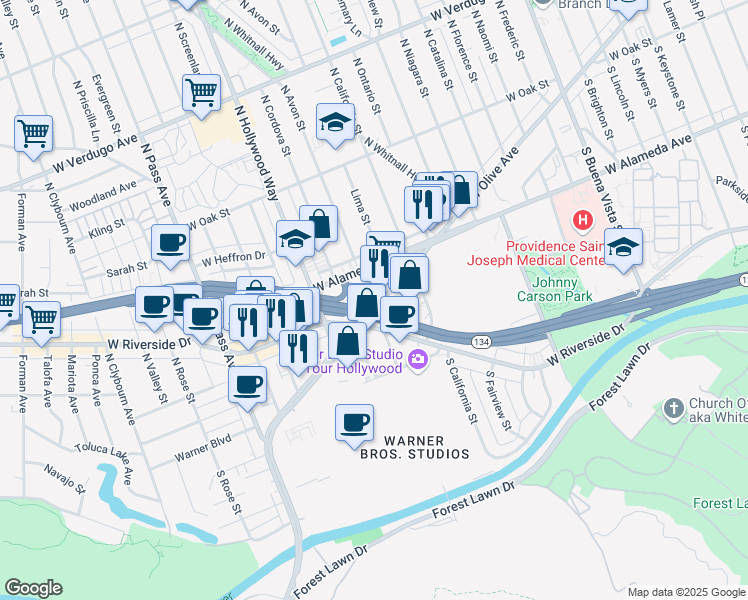 map of restaurants, bars, coffee shops, grocery stores, and more near 3415 West Olive Avenue in Burbank