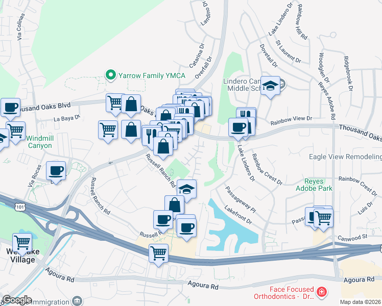 map of restaurants, bars, coffee shops, grocery stores, and more near 30861 Paloma Court in Westlake Village