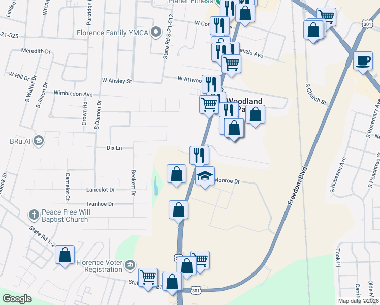 map of restaurants, bars, coffee shops, grocery stores, and more near 125 Federal Court in Florence