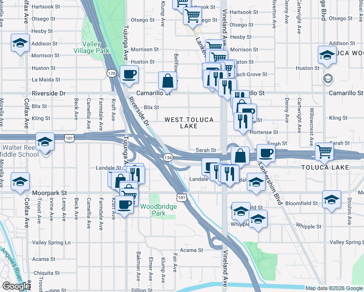 map of restaurants, bars, coffee shops, grocery stores, and more near 11147 Sarah Street in Los Angeles