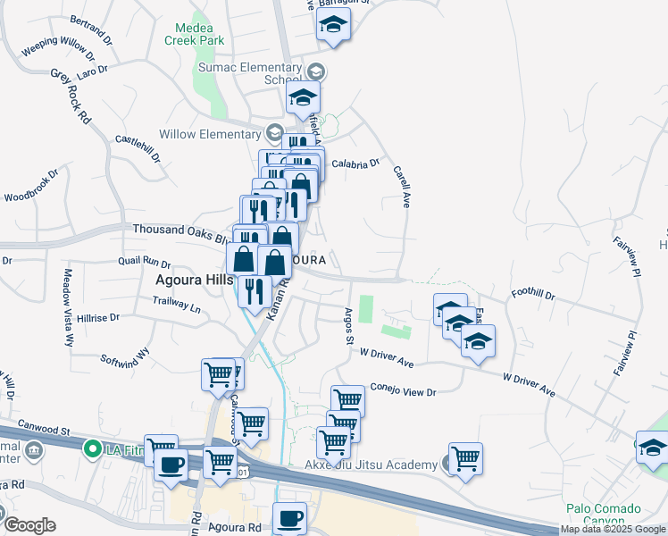 map of restaurants, bars, coffee shops, grocery stores, and more near 5800 Kanan Road in Agoura Hills
