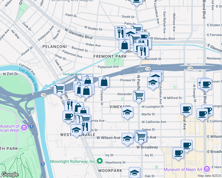 map of restaurants, bars, coffee shops, grocery stores, and more near 640 West Doran Street in Glendale