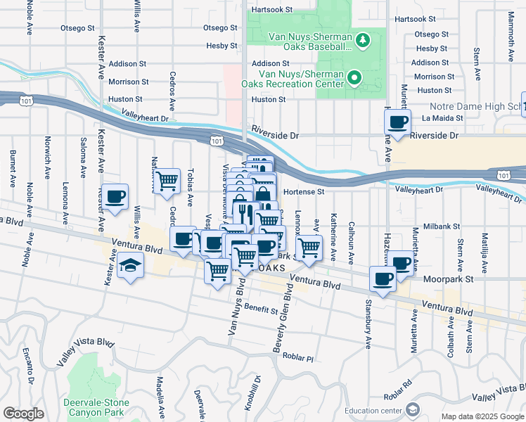 map of restaurants, bars, coffee shops, grocery stores, and more near 4500 Van Nuys Boulevard in Los Angeles