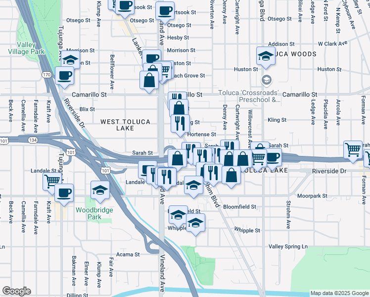 map of restaurants, bars, coffee shops, grocery stores, and more near 4605 Lankershim Boulevard in Los Angeles