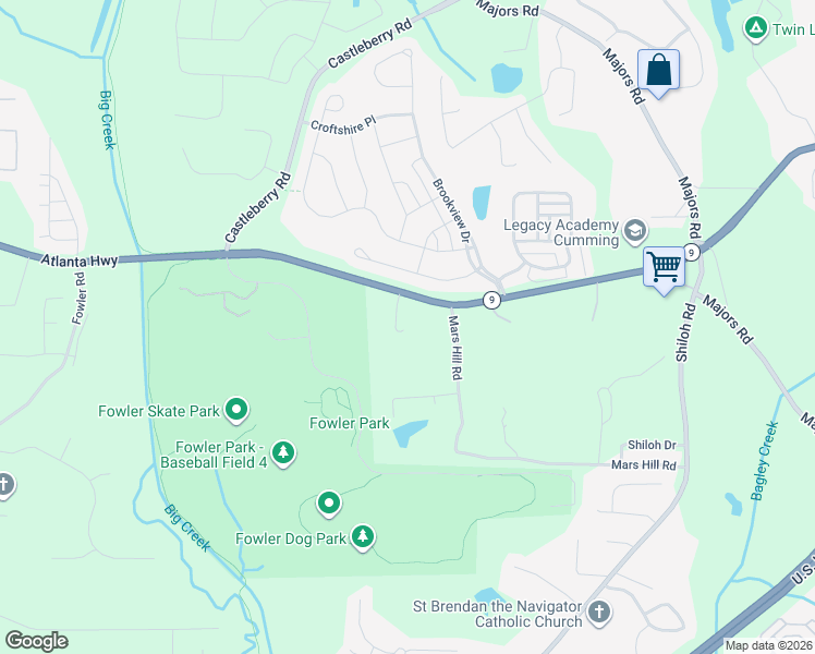 map of restaurants, bars, coffee shops, grocery stores, and more near 3755 Atlanta Highway in Cumming