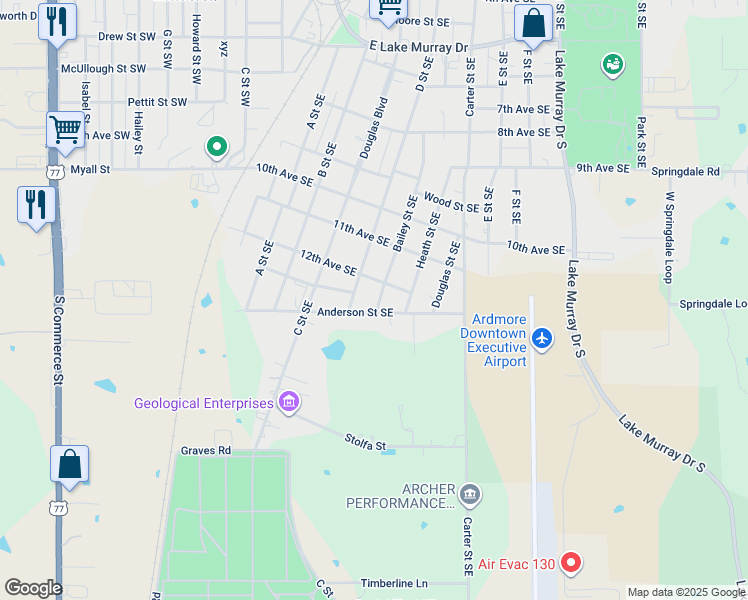 map of restaurants, bars, coffee shops, grocery stores, and more near 1207 Bailey Street Southeast in Ardmore
