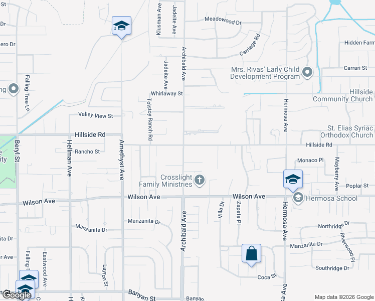 map of restaurants, bars, coffee shops, grocery stores, and more near 9730 Peach Tree Lane in Rancho Cucamonga