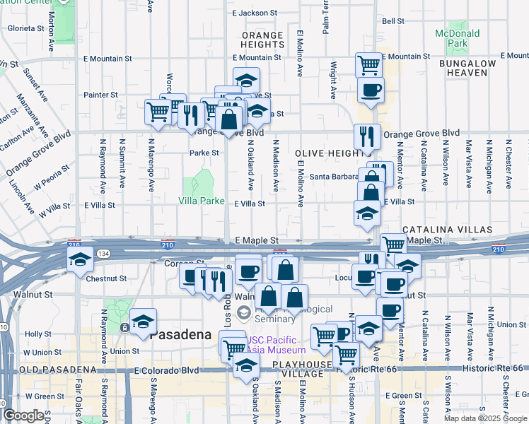 map of restaurants, bars, coffee shops, grocery stores, and more near 425 North Madison Avenue in Pasadena
