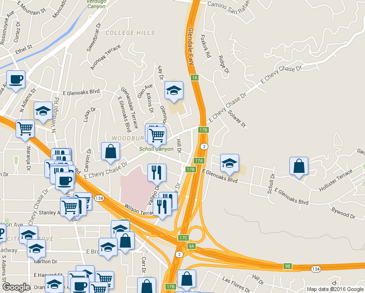 map of restaurants, bars, coffee shops, grocery stores, and more near 1917 Eden Avenue in Glendale