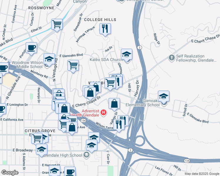 map of restaurants, bars, coffee shops, grocery stores, and more near 1577 East Chevy Chase Drive in Glendale
