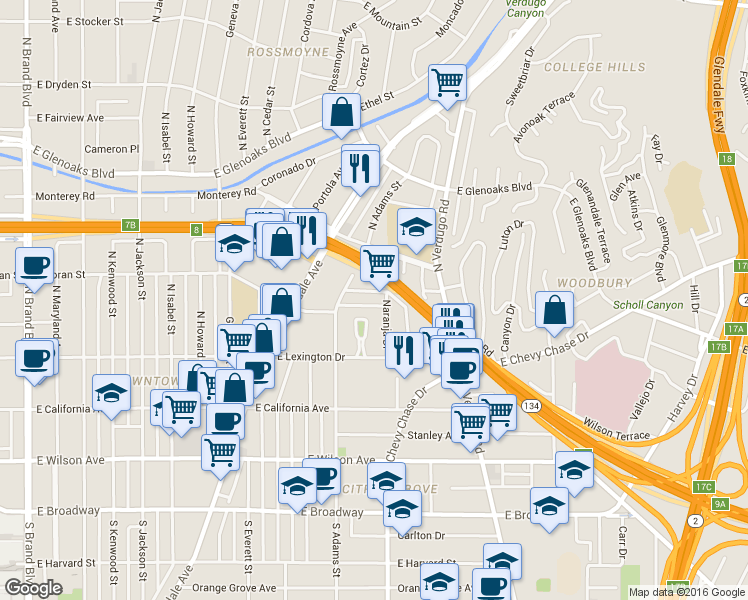 map of restaurants, bars, coffee shops, grocery stores, and more near 444 Piedmont Avenue in Glendale