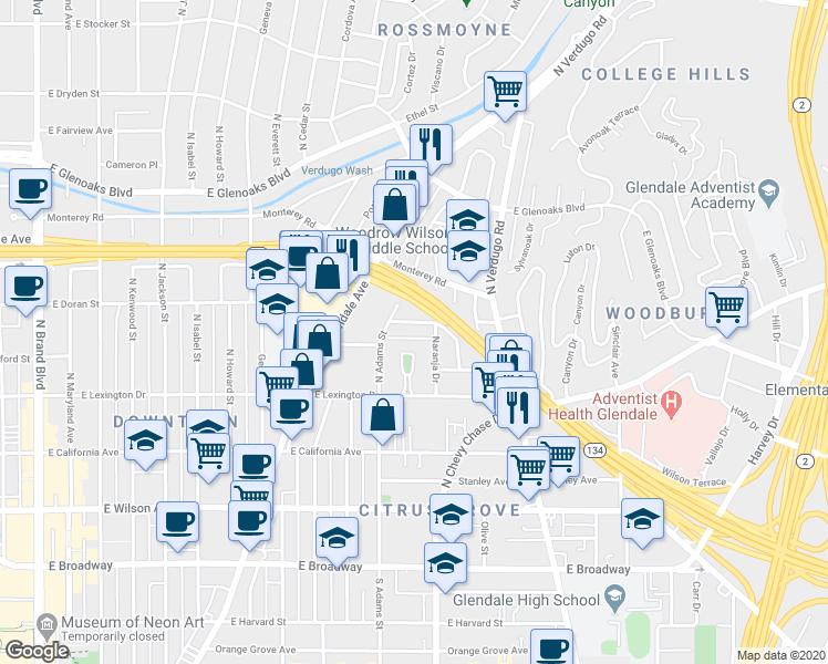 map of restaurants, bars, coffee shops, grocery stores, and more near 444 Piedmont Avenue in Glendale
