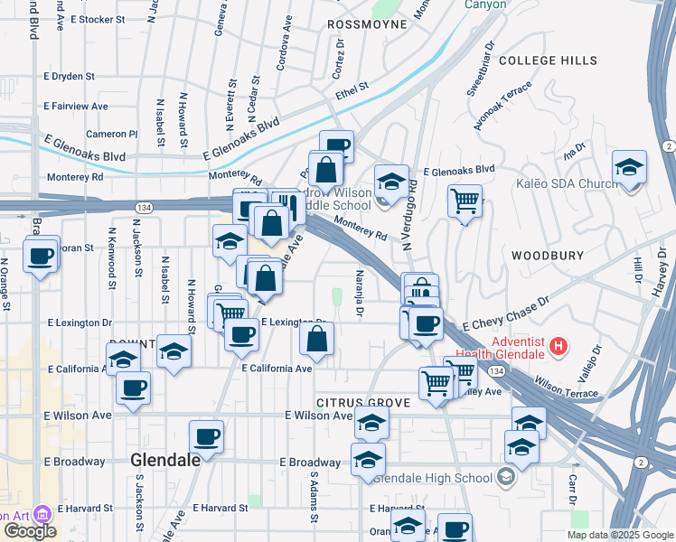 map of restaurants, bars, coffee shops, grocery stores, and more near 444 Piedmont Avenue in Glendale