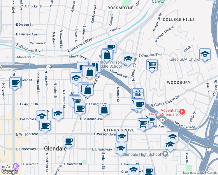 map of restaurants, bars, coffee shops, grocery stores, and more near 444 Piedmont Avenue in Glendale