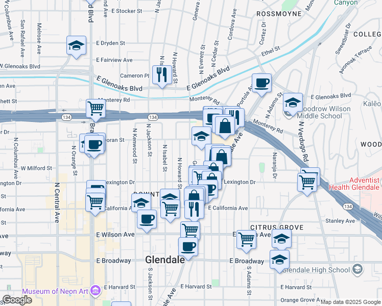 map of restaurants, bars, coffee shops, grocery stores, and more near 511 Geneva Street in Glendale