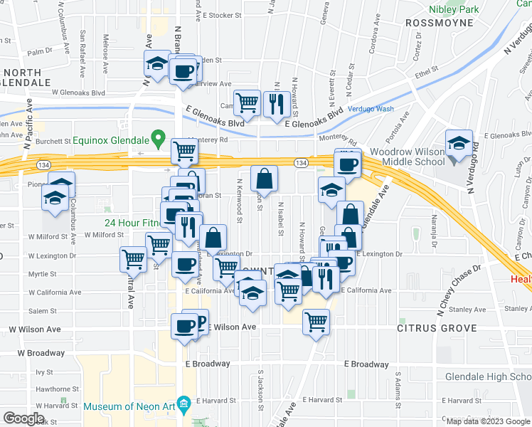 map of restaurants, bars, coffee shops, grocery stores, and more near 511 North Isabel Street in Glendale