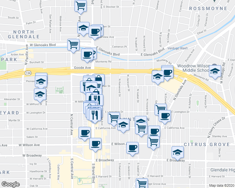 map of restaurants, bars, coffee shops, grocery stores, and more near 510 North Kenwood Street in Glendale
