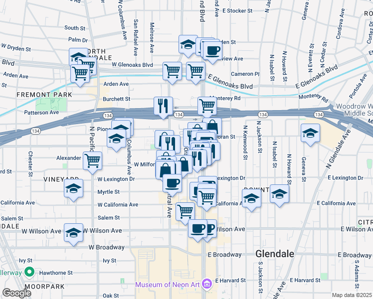 map of restaurants, bars, coffee shops, grocery stores, and more near 521 North Orange Street in Glendale