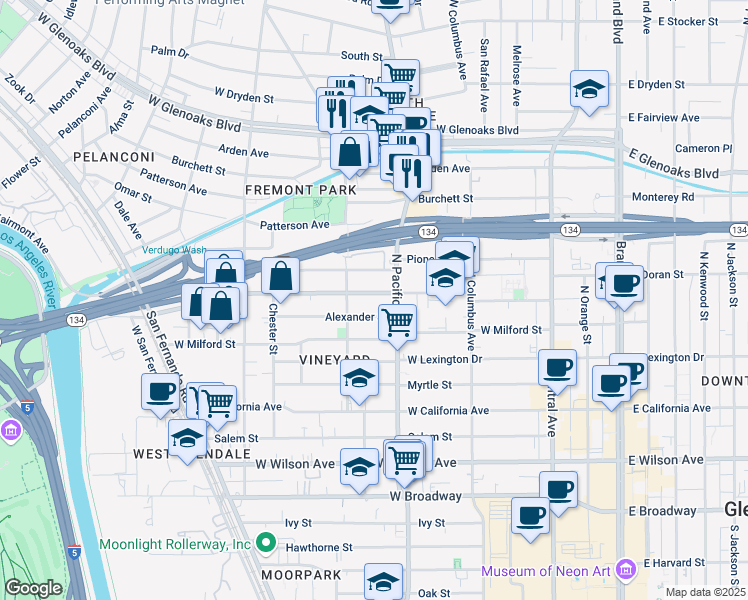 map of restaurants, bars, coffee shops, grocery stores, and more near 529 Alexander Street in Glendale