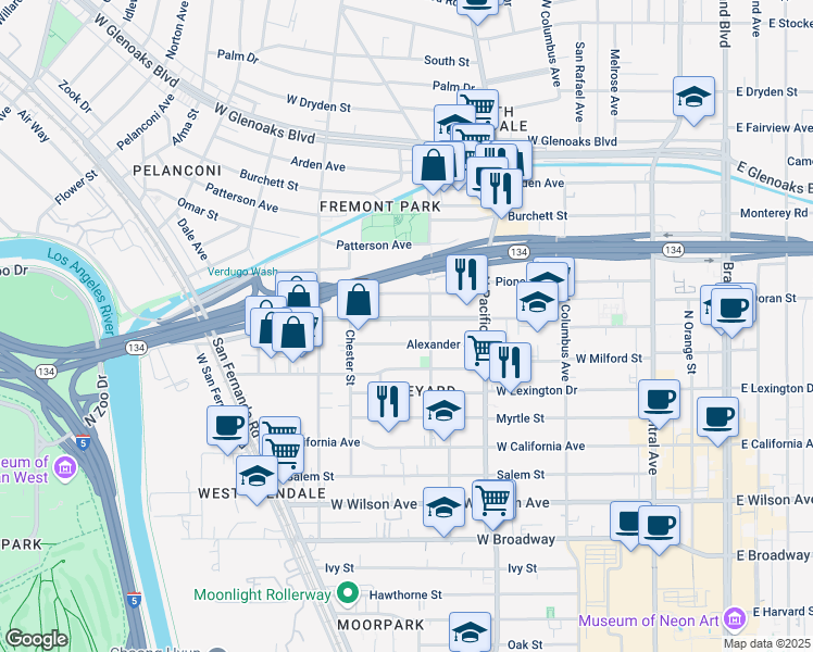 map of restaurants, bars, coffee shops, grocery stores, and more near 617 Alexander Street in Glendale