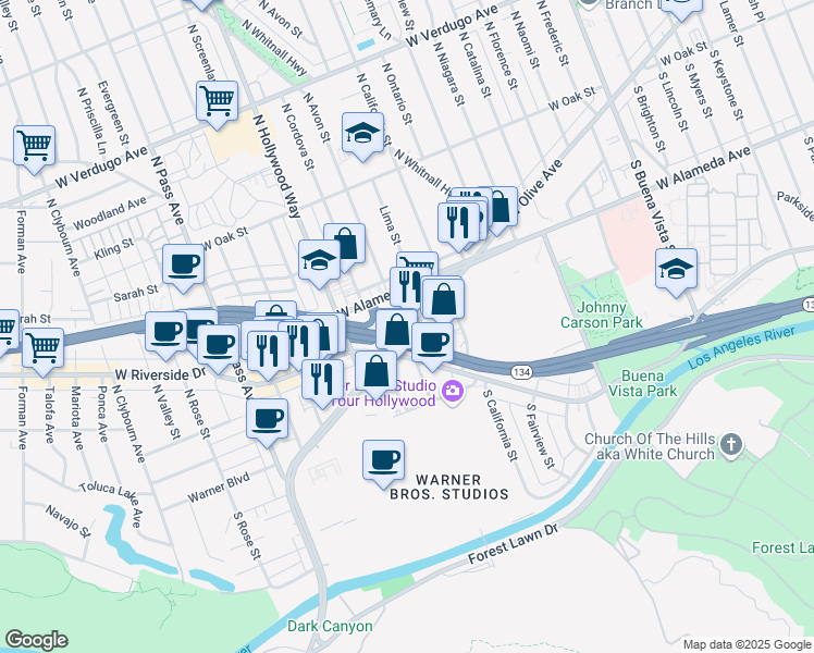 map of restaurants, bars, coffee shops, grocery stores, and more near 3415 West Olive Avenue in Burbank