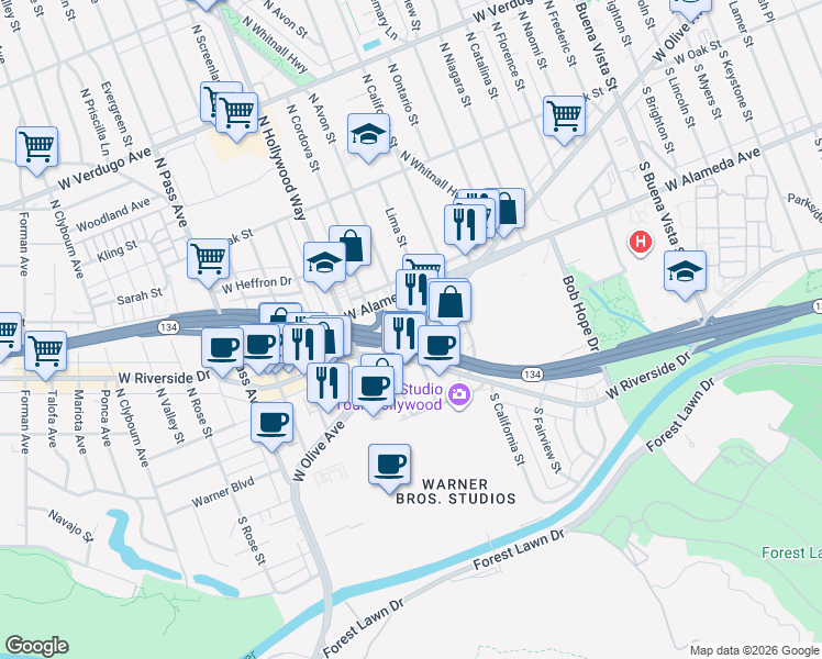 map of restaurants, bars, coffee shops, grocery stores, and more near 3415 West Olive Avenue in Burbank