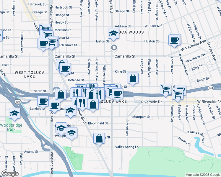 map of restaurants, bars, coffee shops, grocery stores, and more near 4549 Cahuenga Boulevard in Los Angeles