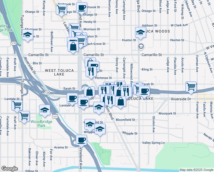 map of restaurants, bars, coffee shops, grocery stores, and more near 4611 Riverton Avenue in Los Angeles