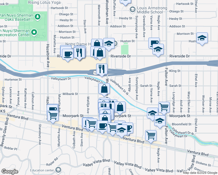 map of restaurants, bars, coffee shops, grocery stores, and more near 4522 Woodman Avenue in Los Angeles
